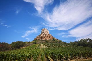 The Roche de Vergisson above a vineyard in the Mâconnais, southern Burgundy