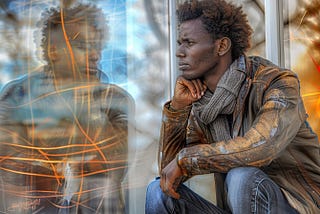 Artful rendering of a young African-American man with elbow on knee and hand under chin contemplating. There is a dim reflection of himself in a window beside him.