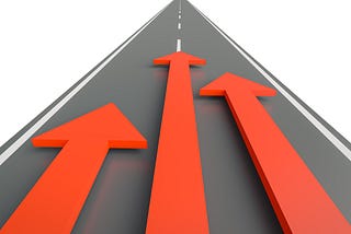 Three arrows heading toward the goal on the highway 3d rendering