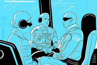 Illustration by Alonso Guzman Barone of a meeting between two men and a woman in the International Space Station.