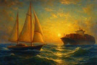 A modern blue and white sailing yacht with three tall white sails, sailing in the open sea at sunrise or sunset. In the background, a massive container ship is loaded with cargo containers. The lighting is soft, casting reflections on the water. Make it is a marine art painting. Show the beauty of the sea waves.