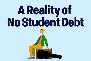words A Reality of No Student Debt, below a man sits on 2 suitcase with a black guitar in front, he is wearing a yellow hat