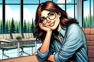 Young woman with glasses smiling happily at the camera in an office setting