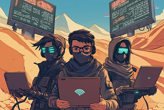 Sci-Fi animated cover page for a cybersecurity comic book. A group of male and female hackers looking like a ninjas wearing a masks and glasses, holding laptops standing in a desert millitary base. Sand dunes in the background. The desert has billboards displaying python codes, linux commands, WiFi and hotspot symbols.