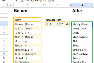 Named function📜 for Google Sheets. Trim Chars — Replace selected chars from a string