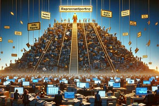 An image showing a mountain of reports leading up to a golden statue at the top, symbolizing the golden reports and reprocrastiporting challenge.