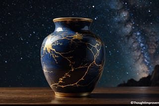 Repaired Faults: A kintsugi vase repaired with gold. This image was generated with the use of AI. Image courtesy of © ThoughtImprovement.com