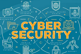 Turquoise green background with bright orange letters in the center stating CyberSecurity with white circles and images that references cybersecurity and technology.