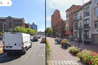 A photo of a street, as if we were standing in the middle of the street and seeing it recede in the distance. The photo is divided in half down the vertical center. On the left hand side is the regular street, showing vehicular traffic riding away us; a large white van is in front of us, and behind it are perhaps a dozen cars, all moving away from us. On the right hand side is the same street, except transformed to have no cars. The street is a walkway, filled with potted flowers