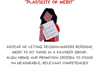Graphic with the message I anticipate and prevent Plasticity of Merit. Instead of letting decision-makers redefine merit to fit those in a favored group, align hiring and promotion criteria to focus on measurable, relevant competencies. There’s also a drawing of a person of color holding a large checklist, indicating a list of qualifications. Along the bottom is the @BetterAllies handle and credit to @ninalimpi for the drawing.