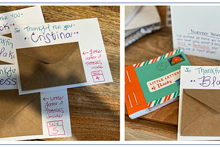 Left photo: Four thank you cards with handwritten headers: So Thankful for You <<Person’s Name>> with a tan colored envelope below and an arrow pointing to it saying “Little letter of thanks inside.” Each note shows a different November date in the bottom right corner. Right photo: Photo of a card with “November “Advent” Calendar handwritten in the back, a small bound book titled “Little Letter of Thanks” on the left, and an example thank you note on the bottom right.