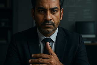 A hyper-realistic digital photograph of a middle-aged South Asian executive in a sharp black suit, seated in a minimalist high-rise office. His eyes are closed in deep focus, with a faint golden aura around his head and digital overlays of strategic charts and silent code flowing beside him — symbolizing the fusion of spiritual depth and ruthless precision in modern leadership.