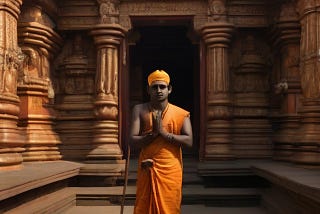 A blind person standing before a temple deity with folded hands.