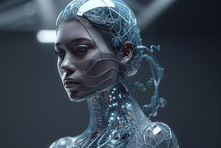 A futuristic human being, part-robot, part-human, imagined by AI artist @retrospective.ai