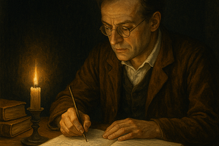 A mathematician is working in the evening with a candle by his side, with a dark background.