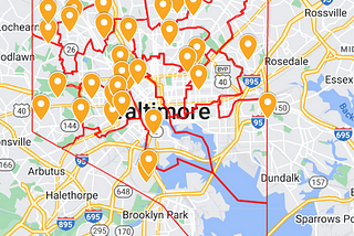 A map of permanent school closures in Baltimore City since 2013. Closures are represented by orange pins.