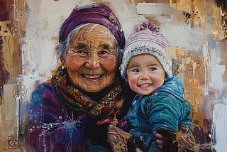 Painting of a elderly Eskimo woman holding a young child.