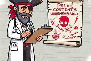 A pirate doctor in a white coat writes on a clip board. On the wall is a scroll saying pelvice contrents unremarkable with pirate skull and symbols bones compass…