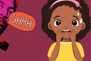 A scared African girl wearing a yellow dress in front of a man saying, “shhh”