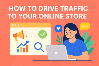 Digital marketing strategies driving traffic to an online store, featuring icons for SEO, email, paid ads, social media, influencers, and content marketing.