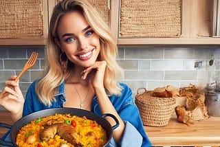 A happy woman with blonde hair eating paella in a kitchen