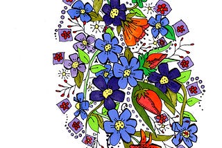 A cascade drawn by Beth Wonson of purple, blue and orange spring blooms with greenery and purple stars within the design.