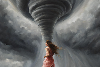 Painting of woman in field with a tornado in front of her.
