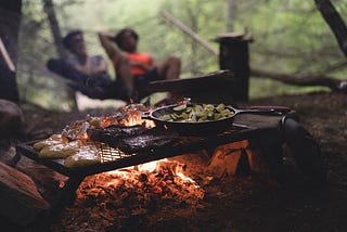 Cooking in Nature. A small fire in a fire pit is cooking fish, vegetables, and steak, on a grill above. Two people in the background are relaxing in a hammock.