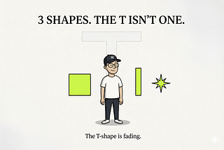 A designer standing before three bold shapes — a block, a deep bar, and a starburst — while a faded T-shape dissolves behind him. Designed by author.