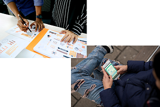 2 images. Image on left. Graphs and data sets on a table. 2 sets of hands on the papers. I person is holding a pencil. Image 2. A man looking at his phone.