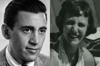 Two images side-by-side. The one on the right is a black and white photograph of thirty-one-year-old J.D. Salinger and the one on the left is a black and white photograph of fourteen-year-old Jean Miller.