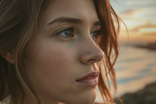 a close up of a young woman looking out over the ocean at sunset