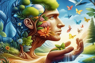 An artistic image portrays the side profile of a human head that seamlessly integrates with various elements of nature. Human Profile: The ear, eye, and outline of the face are visible, artistically detailed with textures resembling tree bark. Nature Integration: Trees and greenery form the top part of the head; flowing water originates from the neck area. Wildlife Elements in various colors and a bird are depicted flying around.