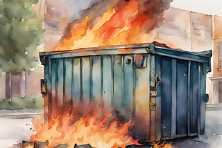 An artist’s rendition of a dumpster on fire, sitting on a street in front of a building.