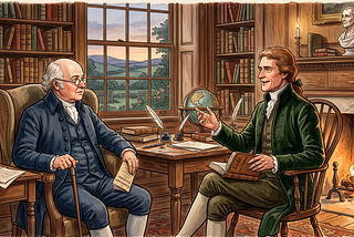 Above: Their rivalry gave birth to America’s two-party system of competition. John Adams, the first vice president and second president, and Thomas Jefferson, the first secretary of state and third president, worked together to write the Declaration of Independence that created the United States of America on July 4, 1776. They were friends and rivals but eventually were friends again. They died on America’s 50th birthday. Ilustration by the author using Gemini.
