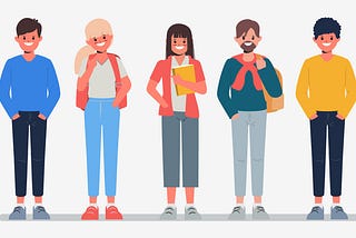 Vector picture of 5 different people with different characteristics, to represent the requirement for different personality traits.