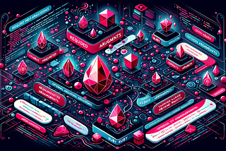 An image exploring the intricacies of Ruby method arguments. It features abstract representations for different argument types like required, optional, keyword, and variable-length arguments, each with distinctive shapes or patterns. Ruby-colored gemstones symbolize the Ruby language, set against a digital, code-themed background with snippets of Ruby code. The design, blending reds, pinks, and digital blues, creates a vibrant, educational look into Ruby’s argument handling.