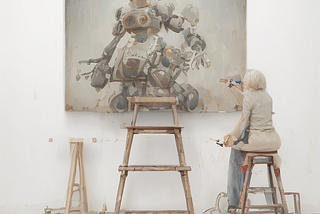 painting of human drawing robot as painted by AI art LCM dreamshaper model