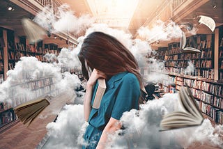 Woman in library and books are flying at her