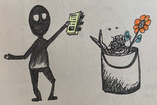 A sketch of a ninja holding a briefing and a bucket of nice things and rubbish.