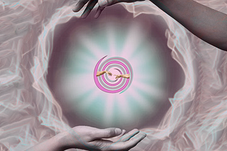 Two people trying to connect or reach out. Only hands are shown here and the hands appear to create some kind of greyish-blue spectrum field, which is forming a ball kind of structure and have tint of pink in it. The internal whirlpool can be seen with another set of hands reaching out (Hands from ‘Creation of Adam’).
