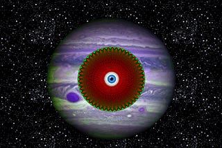An eye within a polygon within a photo of the planet Jupiter, set against a background of stars