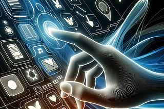 Digital hand interacting with futuristic icons; a mesh of technology, connectivity, and human-interface on a blue digital background.