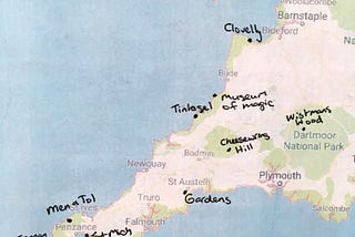 A map of Cornwall, UK with destinations penned in