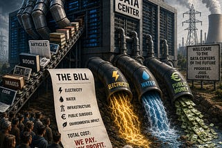 IMAGE: A giant AI data center consumes books, articles, code, electricity, water, and public money while citizens watch the bill grow