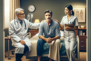 Image focusing on the human aspect of inpatient detox for alcohol dependence, featuring an older doctor, a nurse, and a patient in a private hospital room. This setting highlights the compassionate and professional care environment.