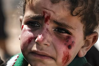 Image of a wounded Palestinian child crying.