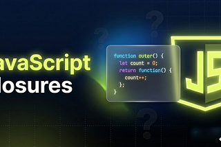 JavaScript Closures interview guide with visual code example and JavaScript logo explaining closure concepts for advanced JS developers