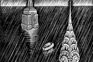 A pen and pencil drawing by Eric Drooker of the very tops of two large skyscrapers emerging from the floodwaters. It’s raining, and there is a solitary boat in between them.