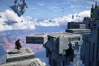 Crimson Desert protagonist Kliff navigates one of the game’s floating magical temples. He’s standing on a floating stone platform in a series of other platforms, leading to a larger castle structure. A vast blue sky frames the scene and the land of Pywell is visible below.